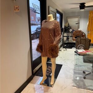 Nova Luxe Copper Sequin Mini Dress with Feather Cuffs